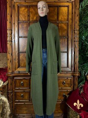 G by Giuliana Olive Green Curved Side Slit Maxi Cardigan Duster
